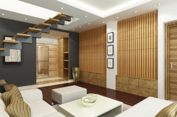 Dinding dengan panel dinding anyaman bambu